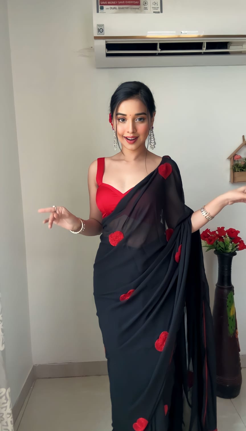 Traditional 1 Minute Ready To Wear Black Georgette Chain Work Saree
