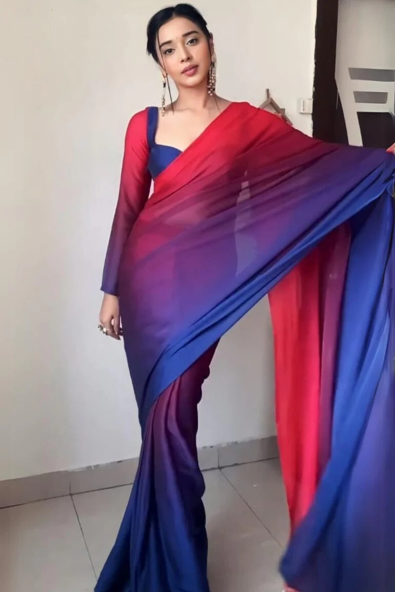 Delectable 1 Minute Ready To Wear Red And Blue Georgette Saree