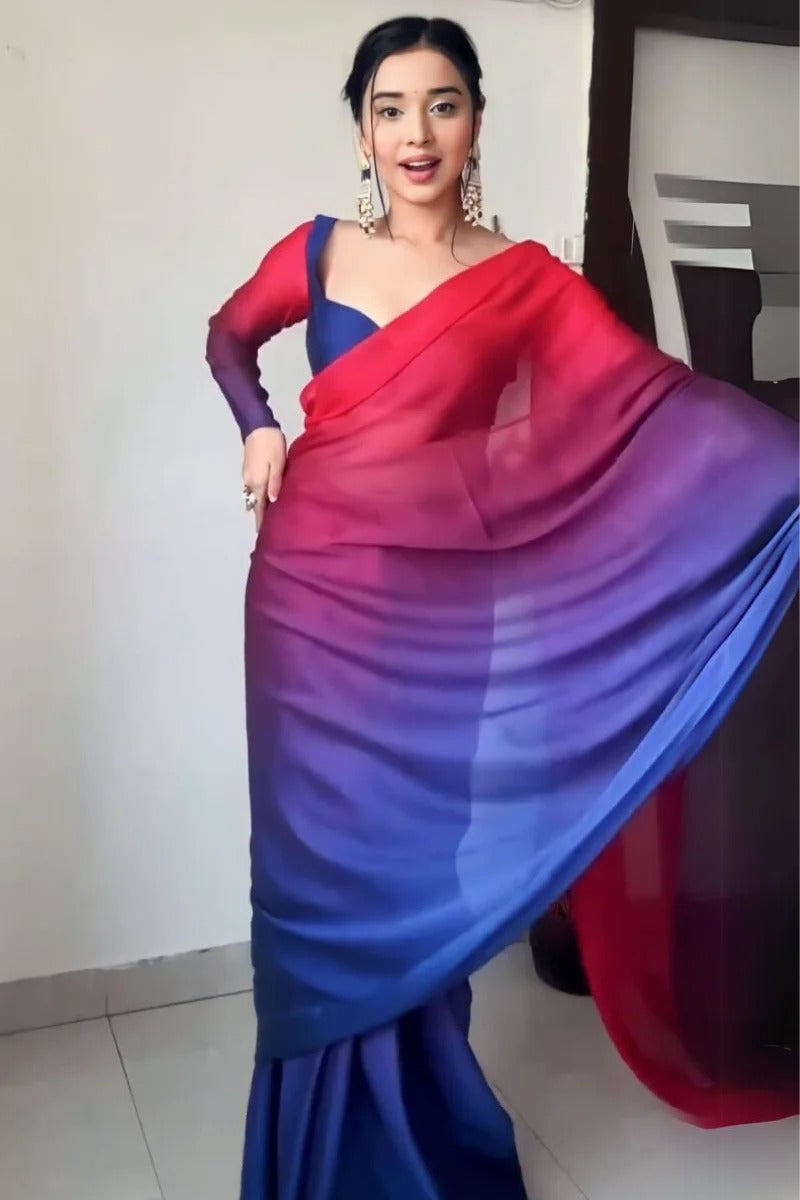 Delectable 1 Minute Ready To Wear Red And Blue Georgette Saree