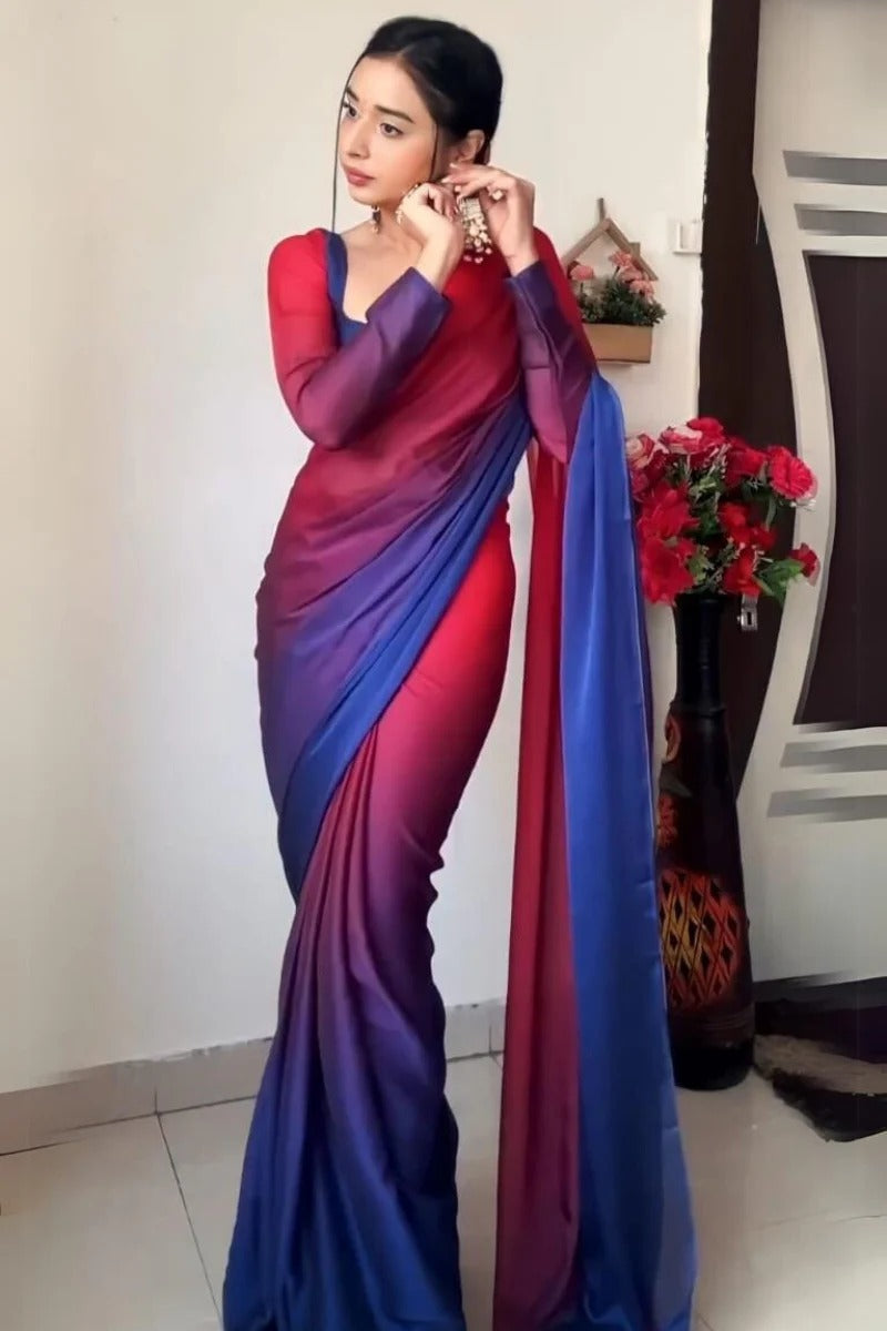 Delectable 1 Minute Ready To Wear Red And Blue Georgette Saree