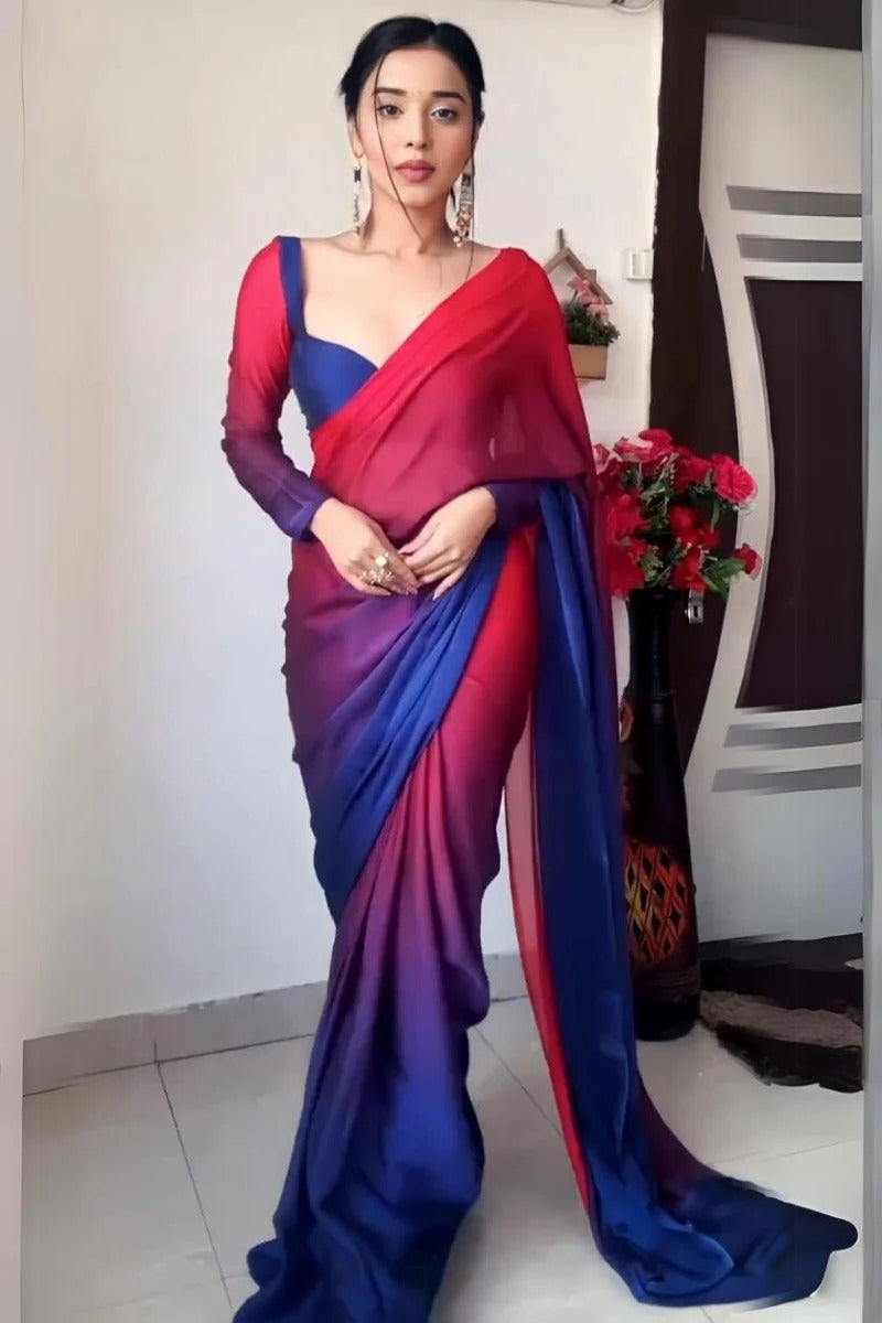 Delectable 1 Minute Ready To Wear Red And Blue Georgette Saree