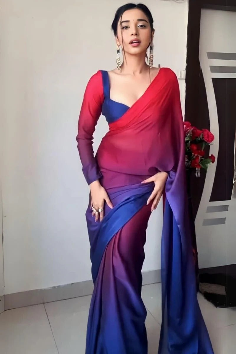 Delectable 1 Minute Ready To Wear Red And Blue Georgette Saree