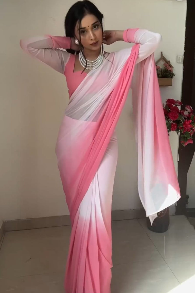 Imbrication 1 Minute Ready To Wear Pink And White Georgette Saree