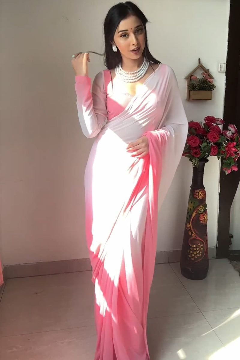 Imbrication 1 Minute Ready To Wear Pink And White Georgette Saree