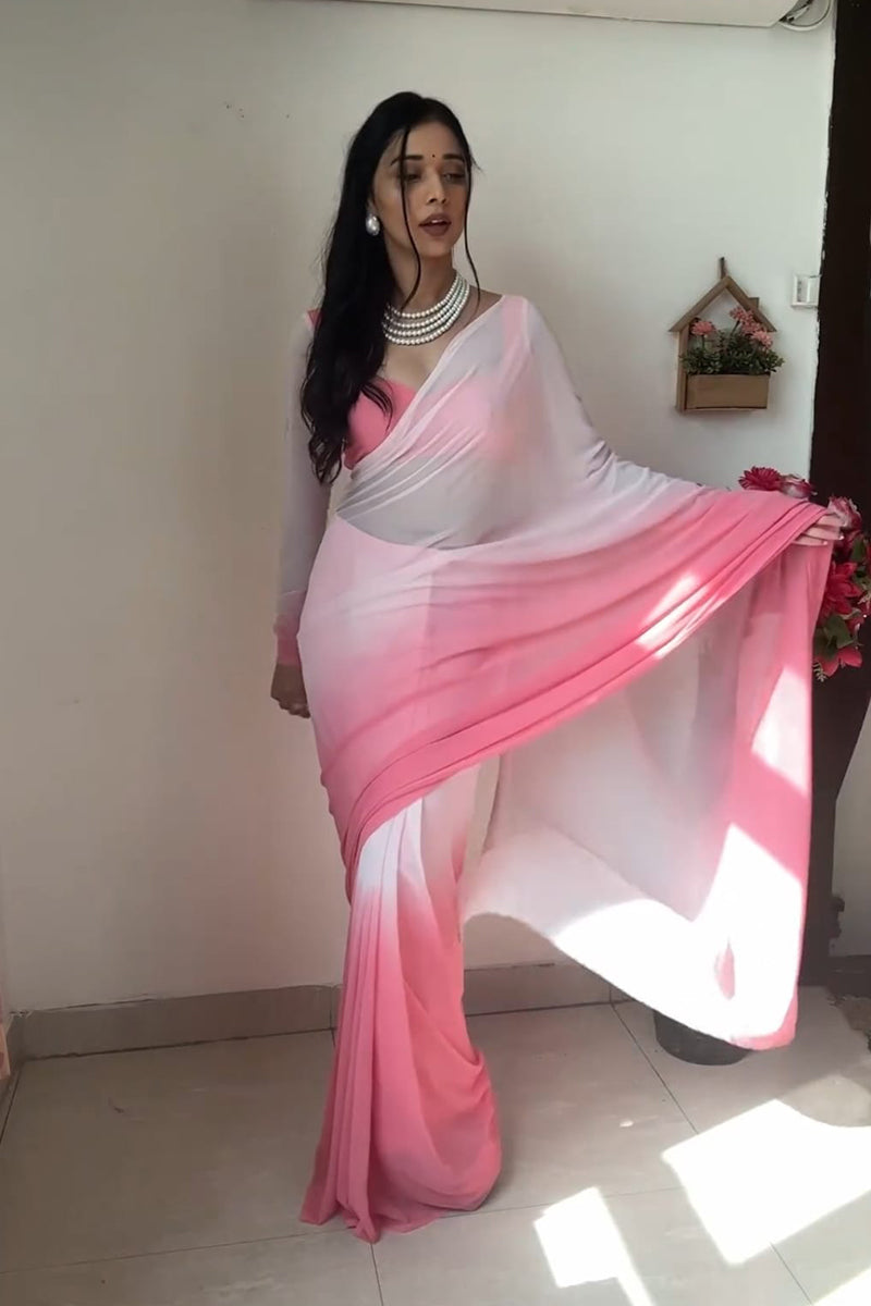 Imbrication 1 Minute Ready To Wear Pink And White Georgette Saree