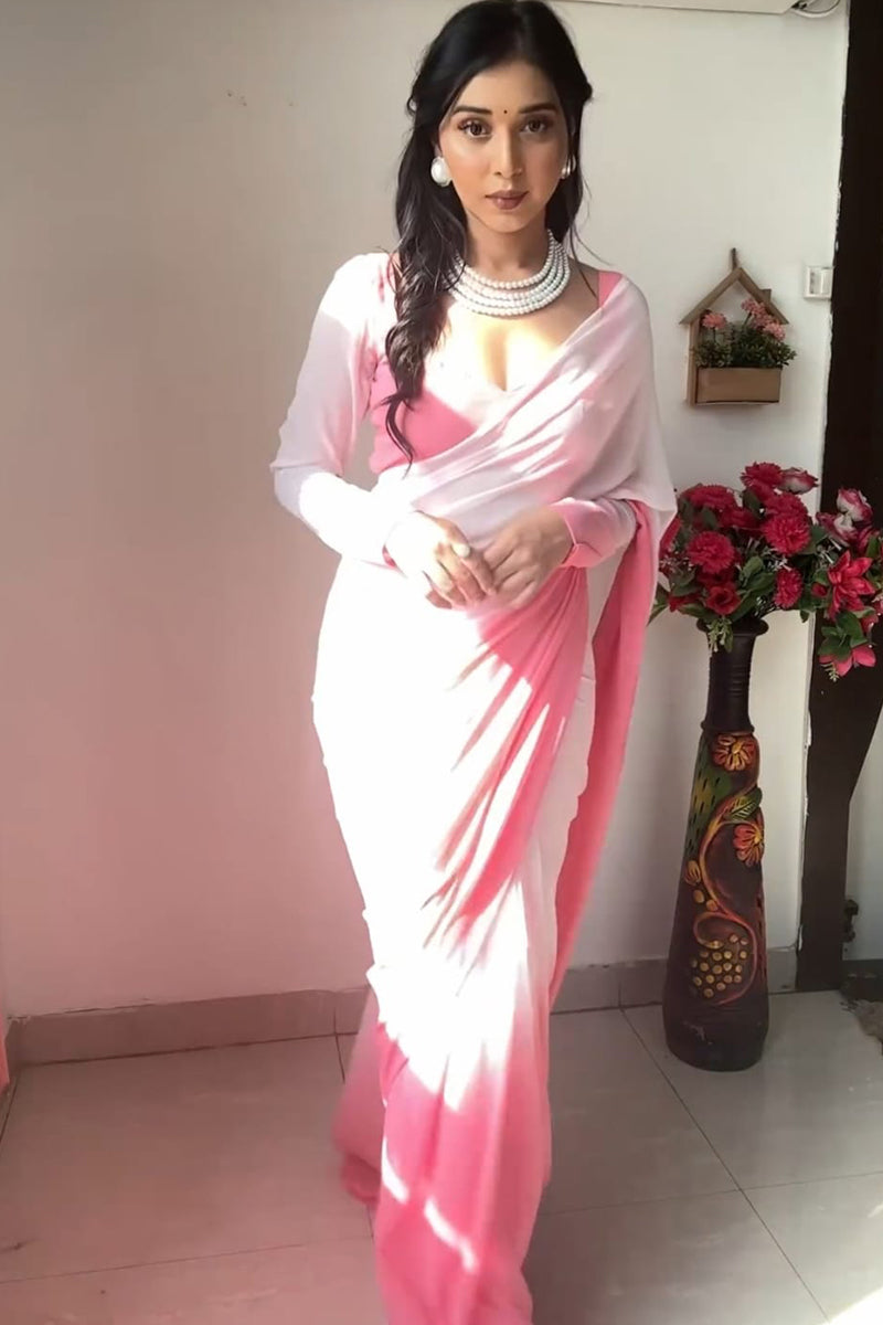 Imbrication 1 Minute Ready To Wear Pink And White Georgette Saree