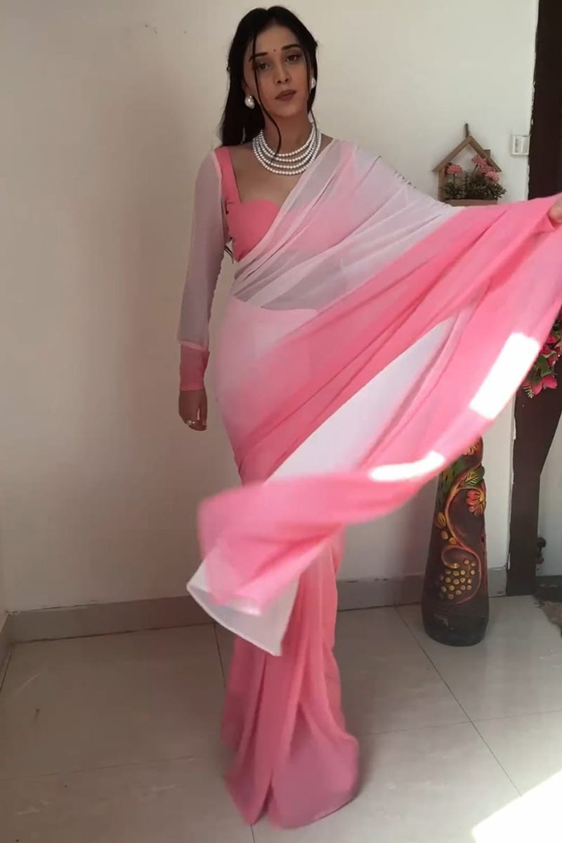 Imbrication 1 Minute Ready To Wear Pink And White Georgette Saree