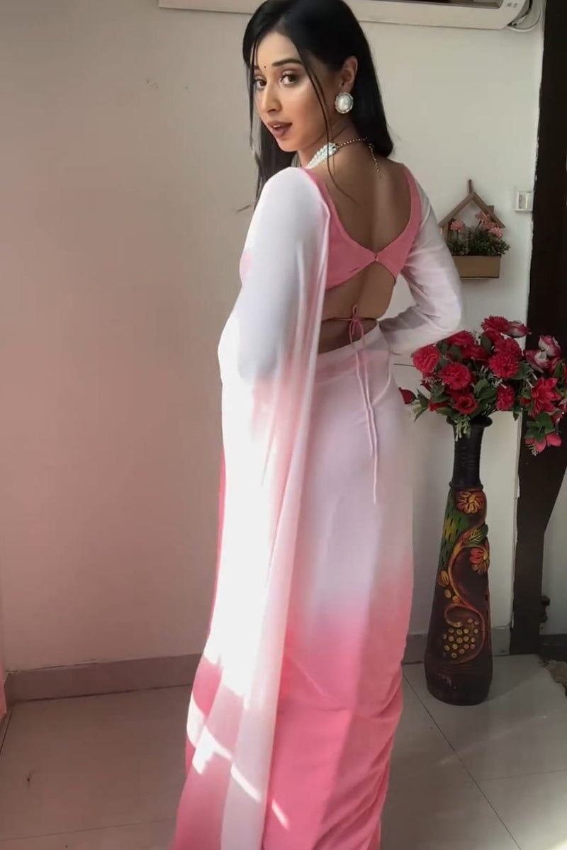 Imbrication 1 Minute Ready To Wear Pink And White Georgette Saree