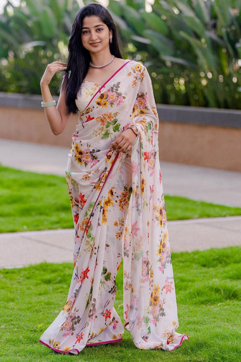 Sempiternal 1 Minute Ready To Wear White Georgette Floral Digital Printed Saree