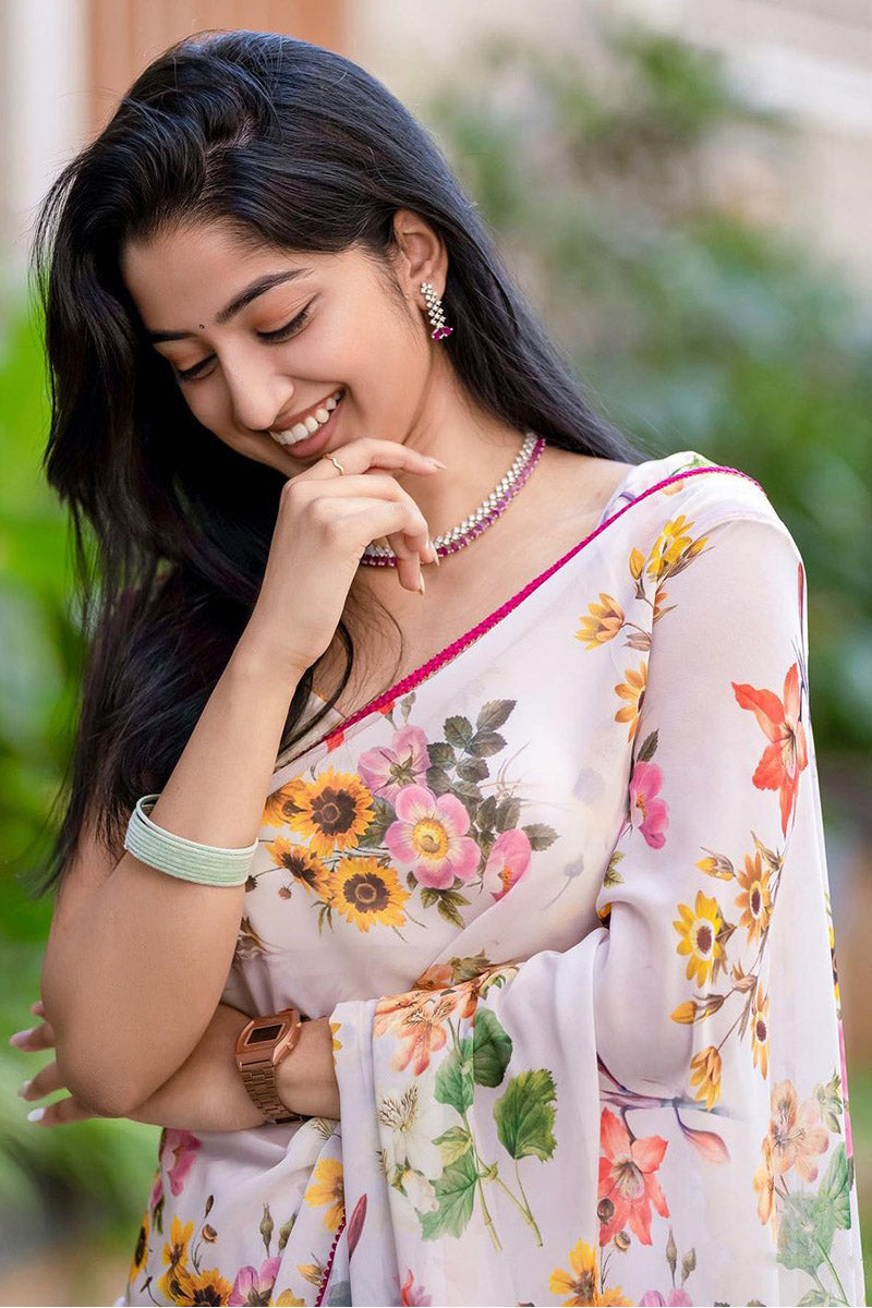 Sempiternal 1 Minute Ready To Wear White Georgette Floral Digital Printed Saree