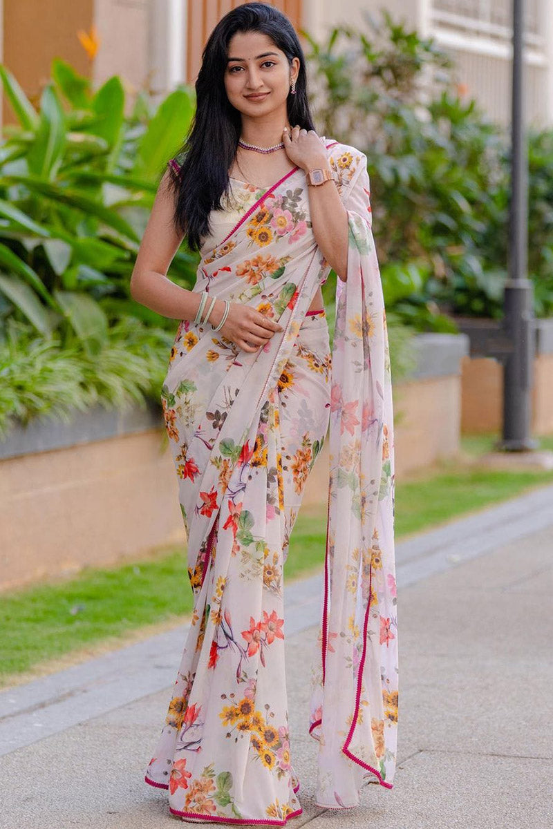 Sempiternal 1 Minute Ready To Wear White Georgette Floral Digital Printed Saree