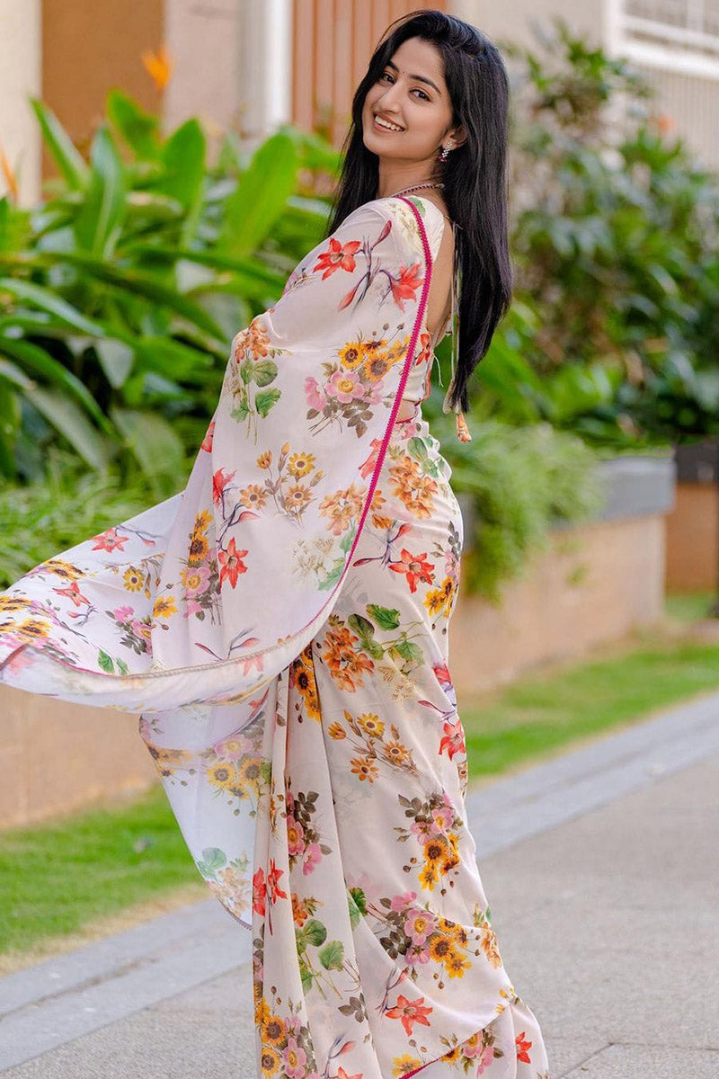 Sempiternal 1 Minute Ready To Wear White Georgette Floral Digital Printed Saree