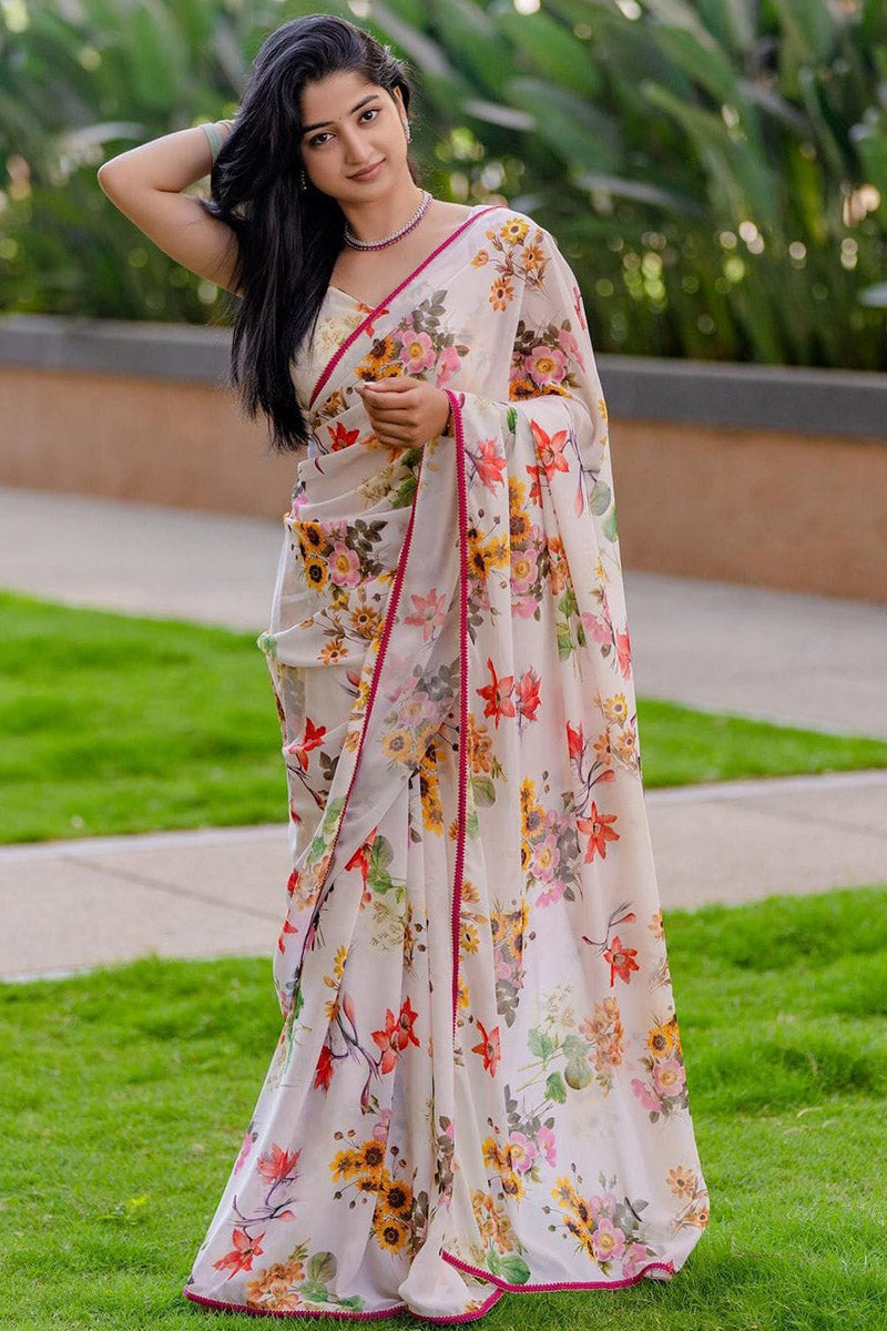 Sempiternal 1 Minute Ready To Wear White Georgette Floral Digital Printed Saree