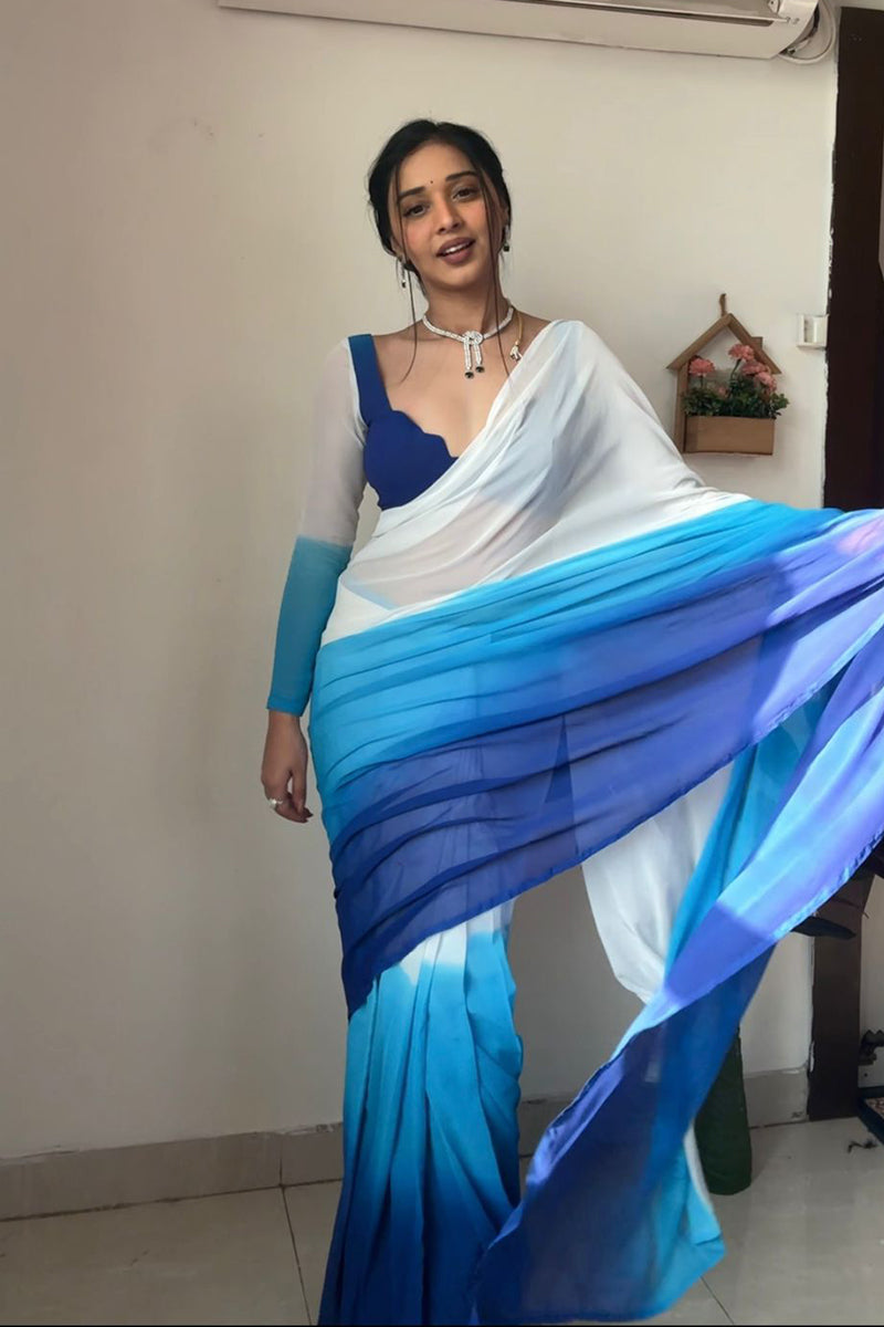 Marvellous 1 Minute Ready To Wear White And Blue Georgette Saree