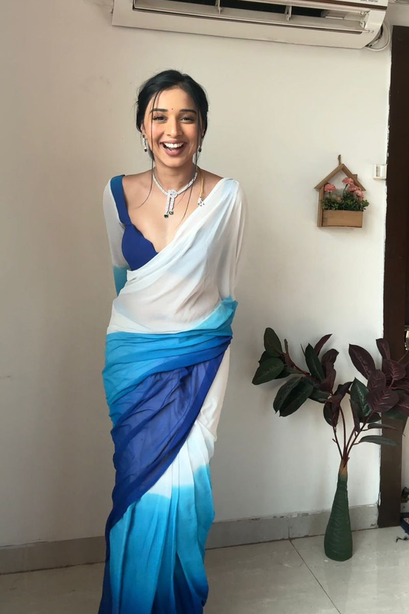 Marvellous 1 Minute Ready To Wear White And Blue Georgette Saree