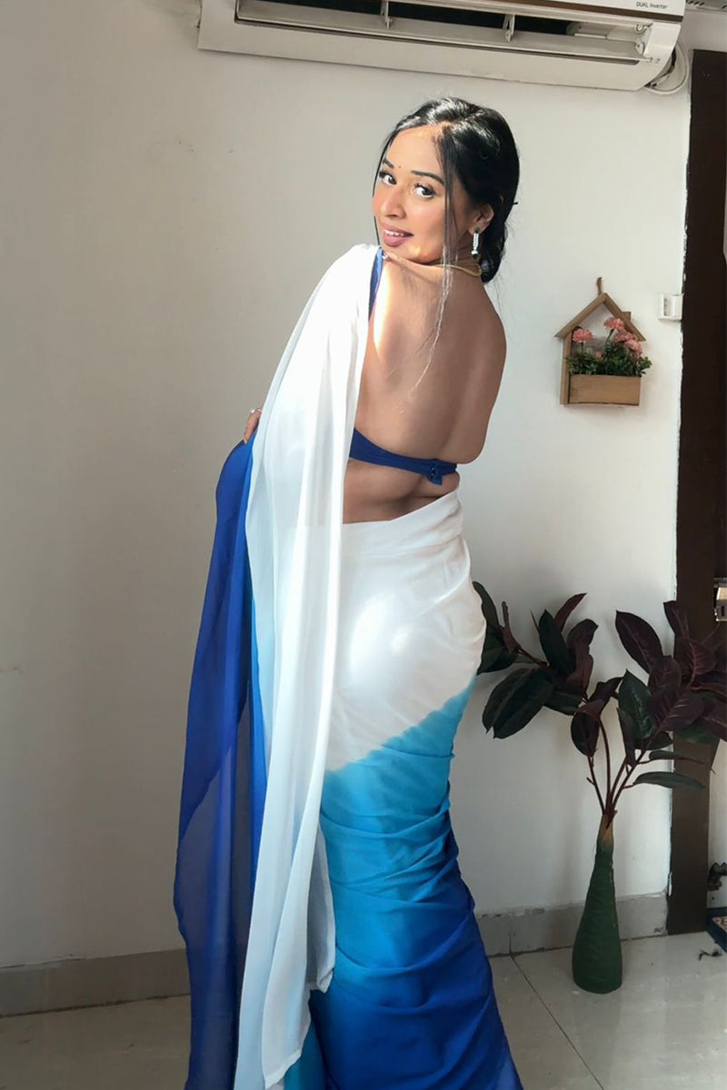 Marvellous 1 Minute Ready To Wear White And Blue Georgette Saree