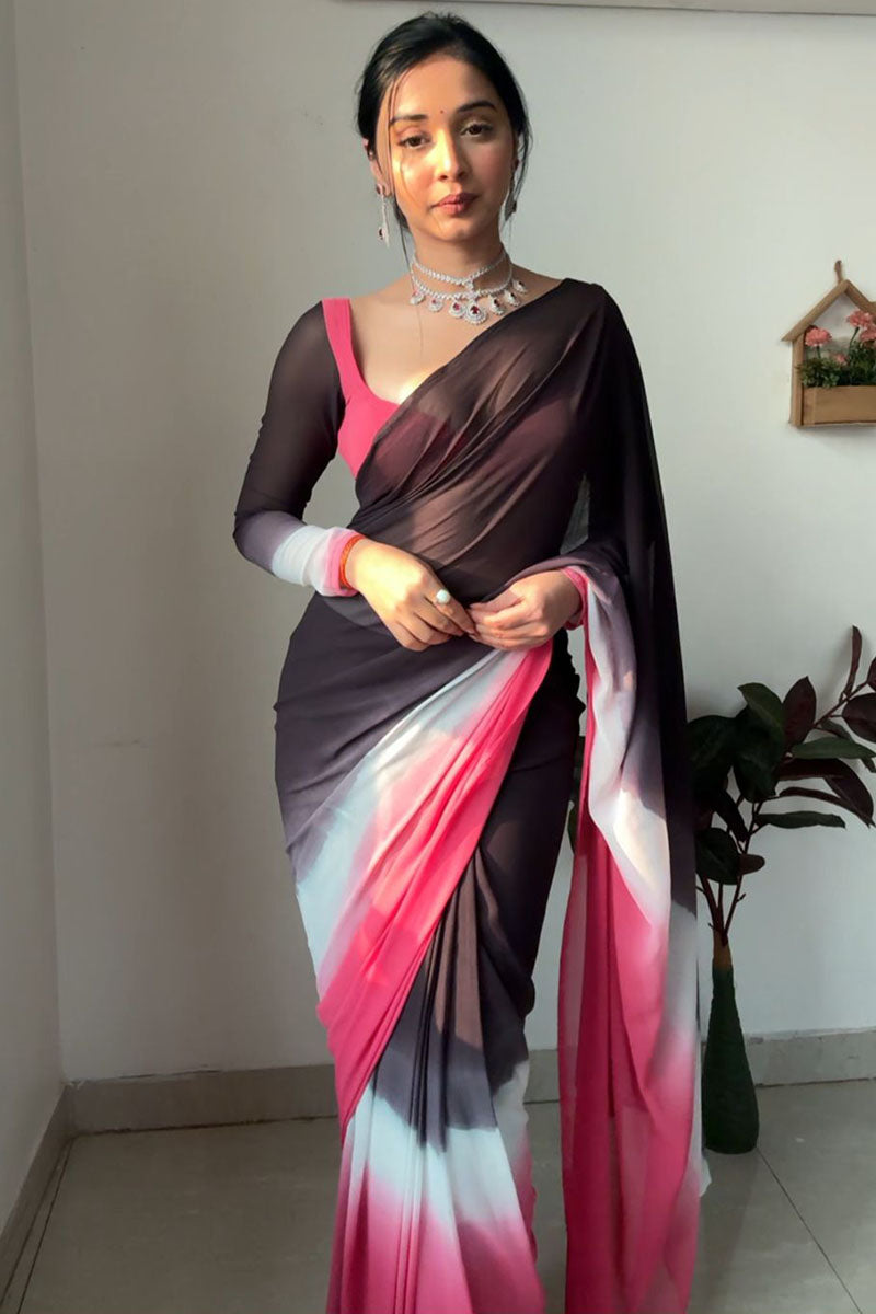 Improbable 1 Minute Ready To Wear Black And Pink Georgette Saree