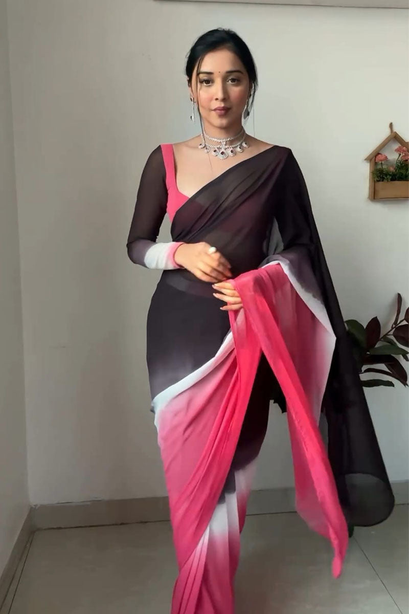 Improbable 1 Minute Ready To Wear Black And Pink Georgette Saree