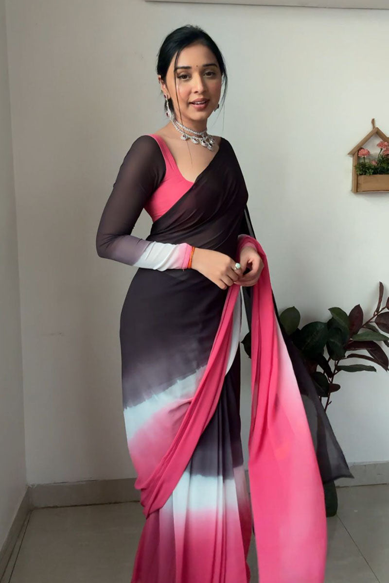 Improbable 1 Minute Ready To Wear Black And Pink Georgette Saree