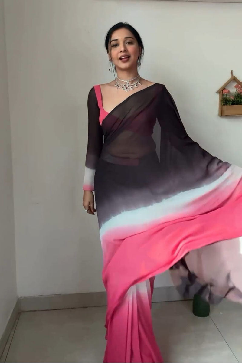 Improbable 1 Minute Ready To Wear Black And Pink Georgette Saree