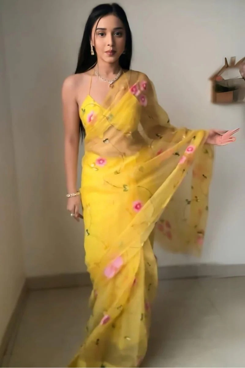 Luxuriant 1 Minute Ready To Wear Yellow Organza Floral Digital Printed Saree