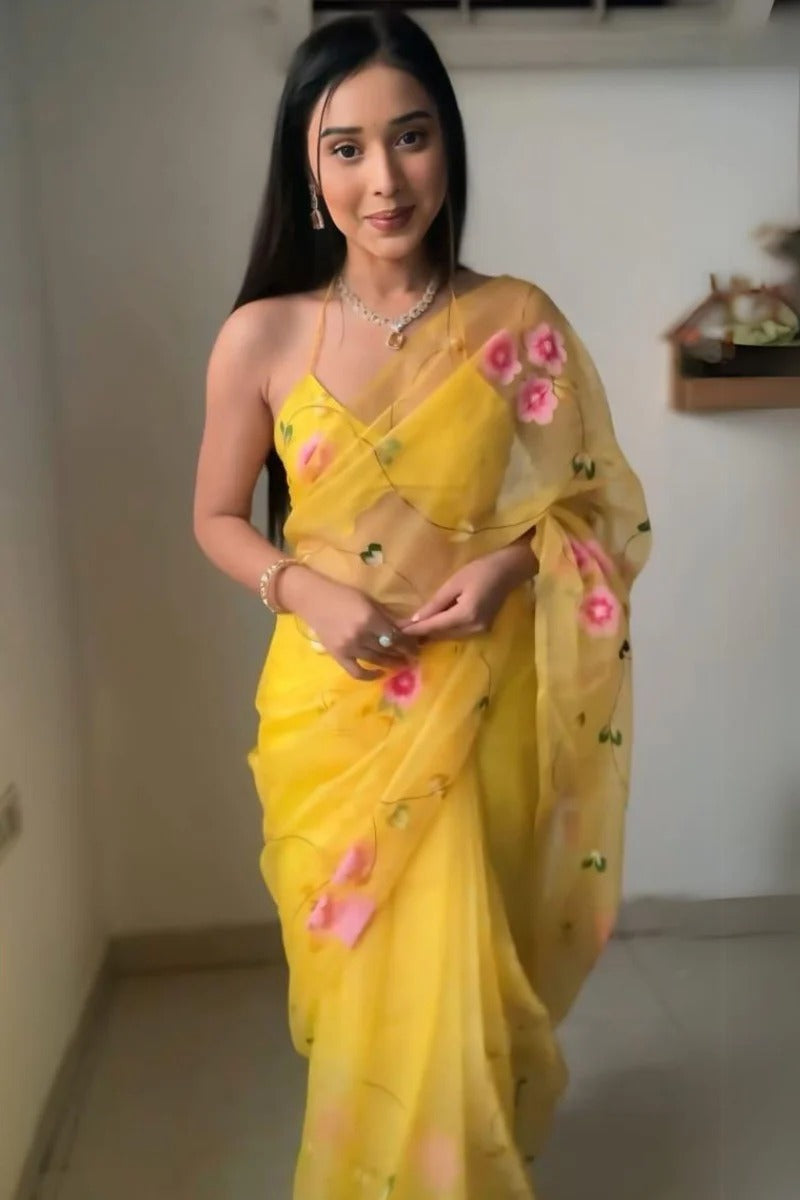 Luxuriant 1 Minute Ready To Wear Yellow Organza Floral Digital Printed Saree