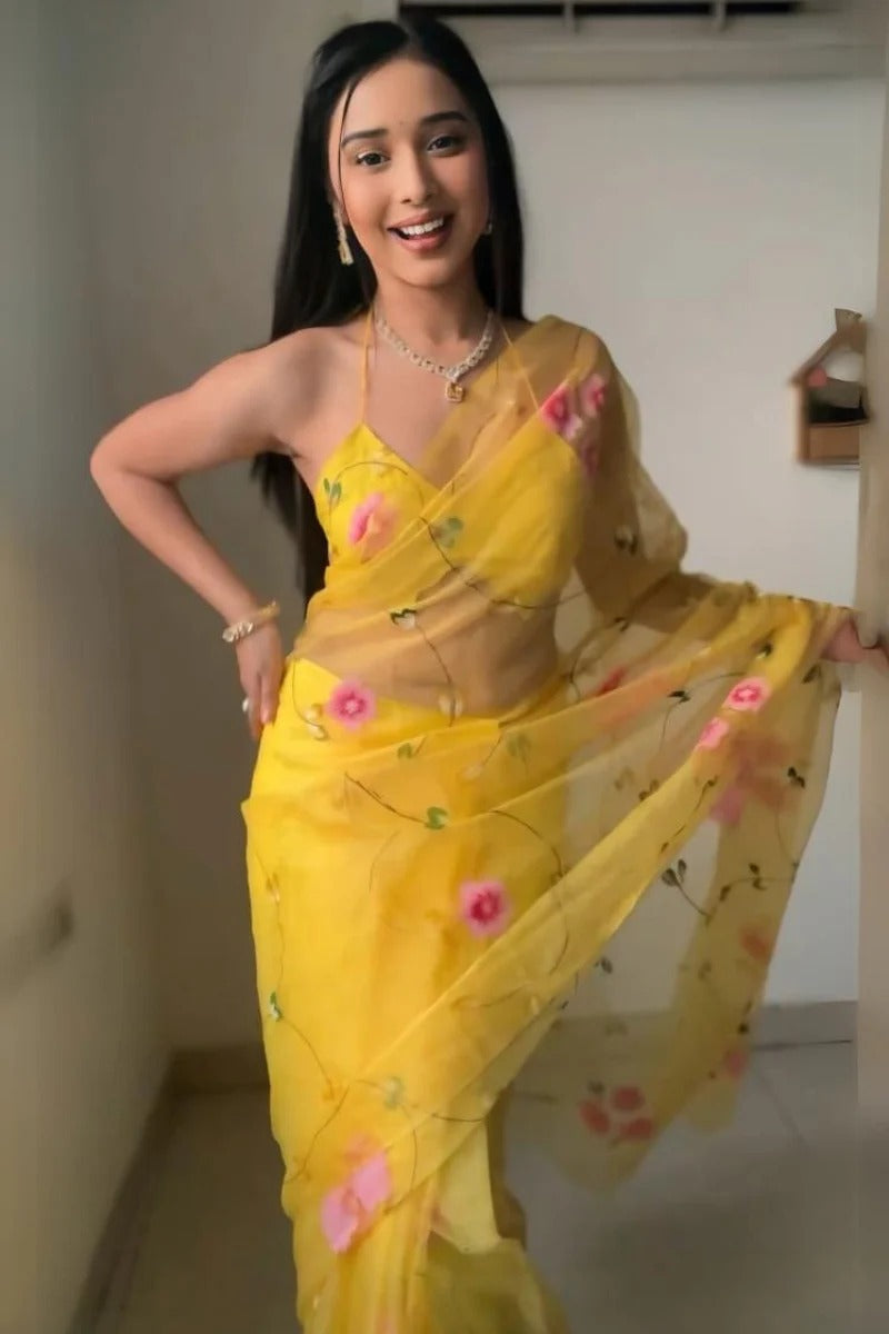 Luxuriant 1 Minute Ready To Wear Yellow Organza Floral Digital Printed Saree