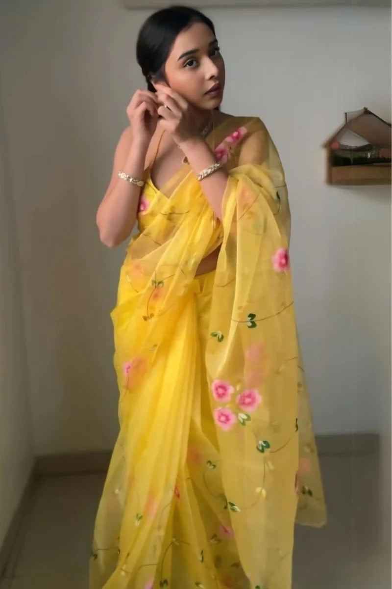 Luxuriant 1 Minute Ready To Wear Yellow Organza Floral Digital Printed Saree