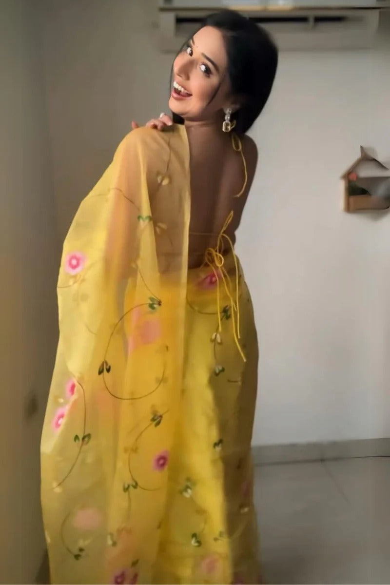 Luxuriant 1 Minute Ready To Wear Yellow Organza Floral Digital Printed Saree