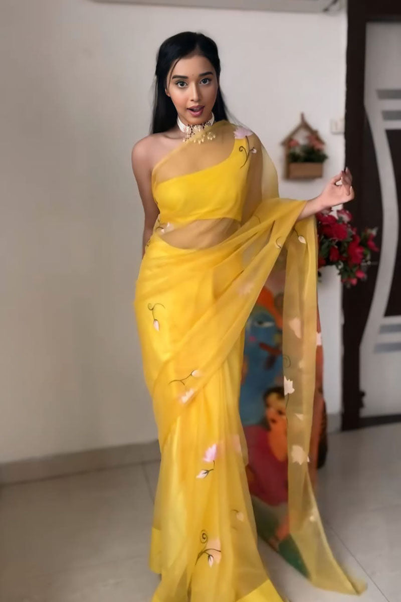 Mellifluous 1 Minute Ready To Wear Yellow Organza Digital Printed Saree
