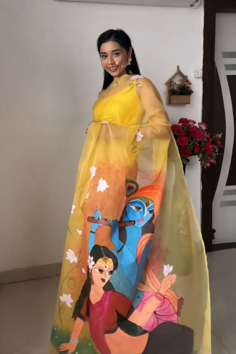 Mellifluous 1 Minute Ready To Wear Yellow Organza Digital Printed Saree