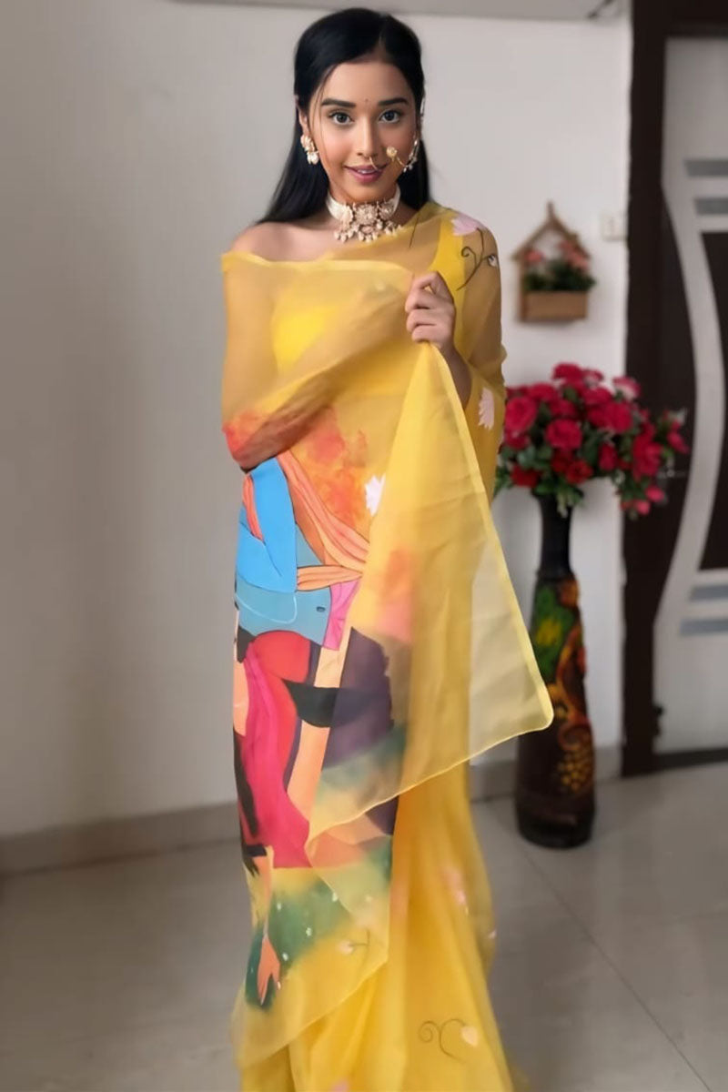 Mellifluous 1 Minute Ready To Wear Yellow Organza Digital Printed Saree