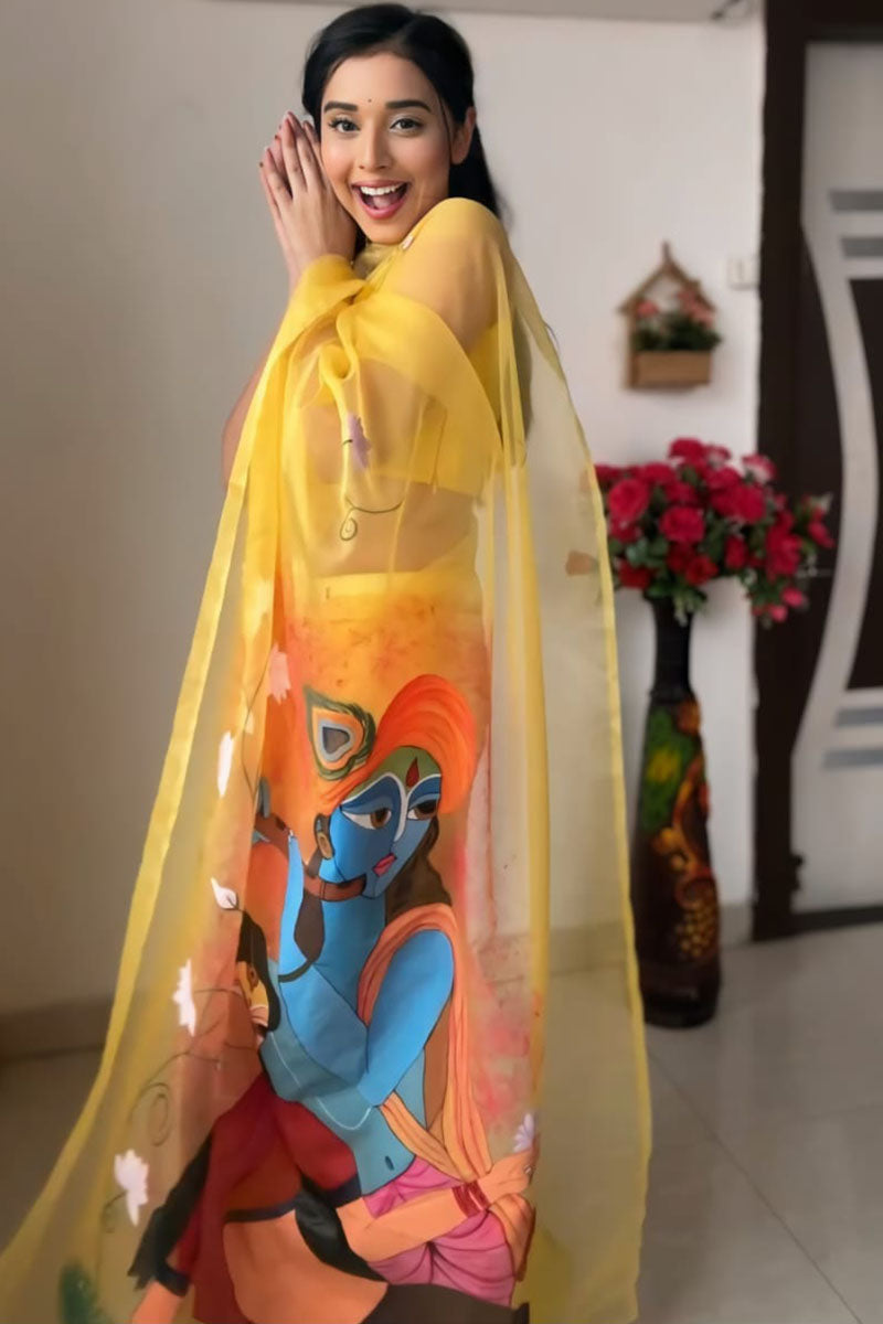 Mellifluous 1 Minute Ready To Wear Yellow Organza Digital Printed Saree