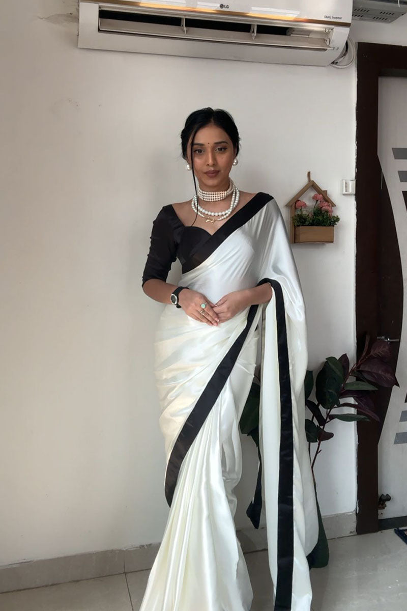 Pleasant 1 Minute Ready To Wear White Satin Silk Saree