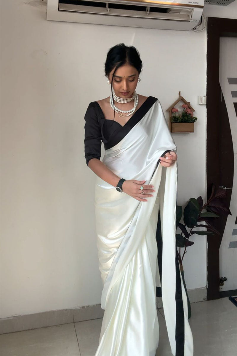 Pleasant 1 Minute Ready To Wear White Satin Silk Saree