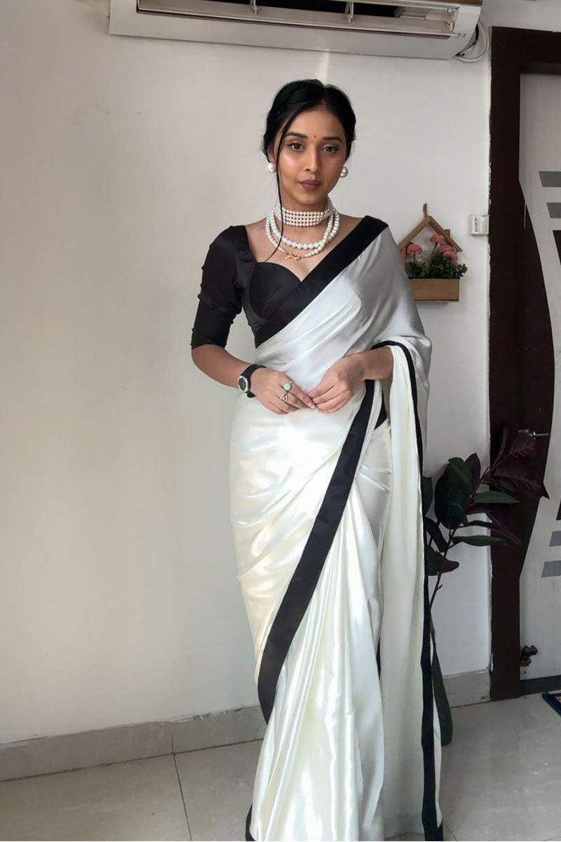 Pleasant 1 Minute Ready To Wear White Satin Silk Saree