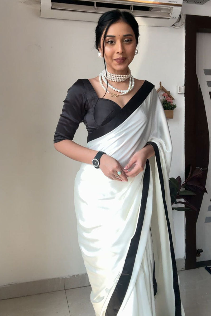 Pleasant 1 Minute Ready To Wear White Satin Silk Saree