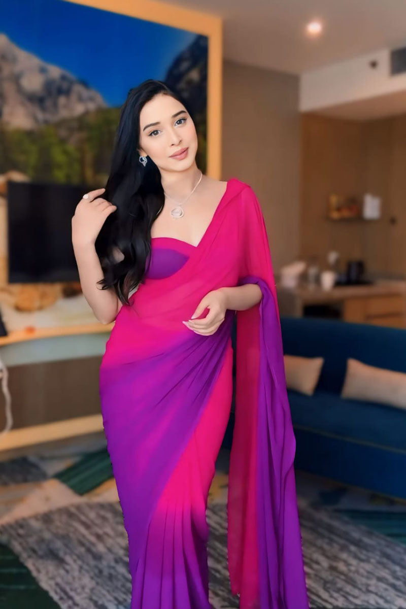 Refreshing 1 Minute Ready To Wear Pink And Purple Georgette Saree