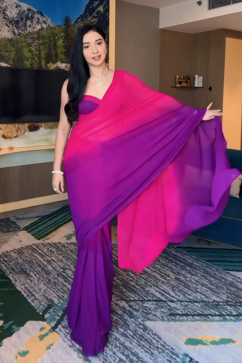Refreshing 1 Minute Ready To Wear Pink And Purple Georgette Saree