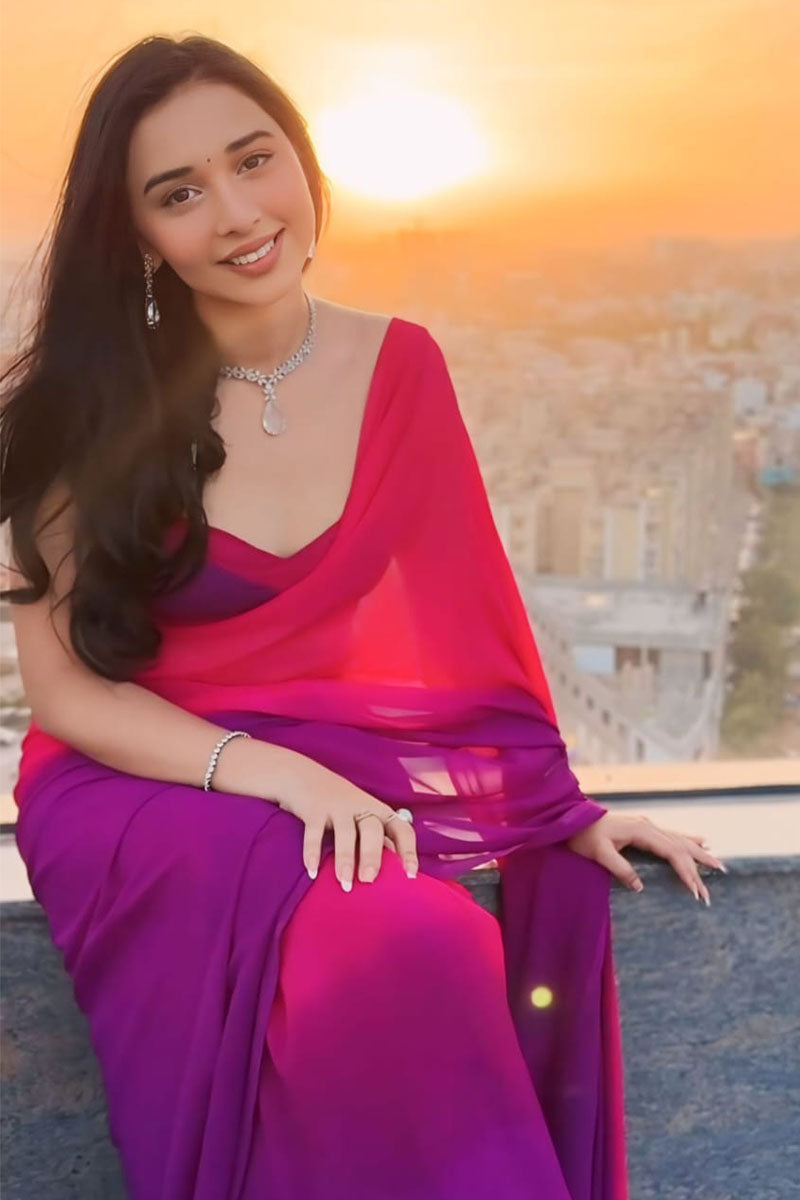 Refreshing 1 Minute Ready To Wear Pink And Purple Georgette Saree