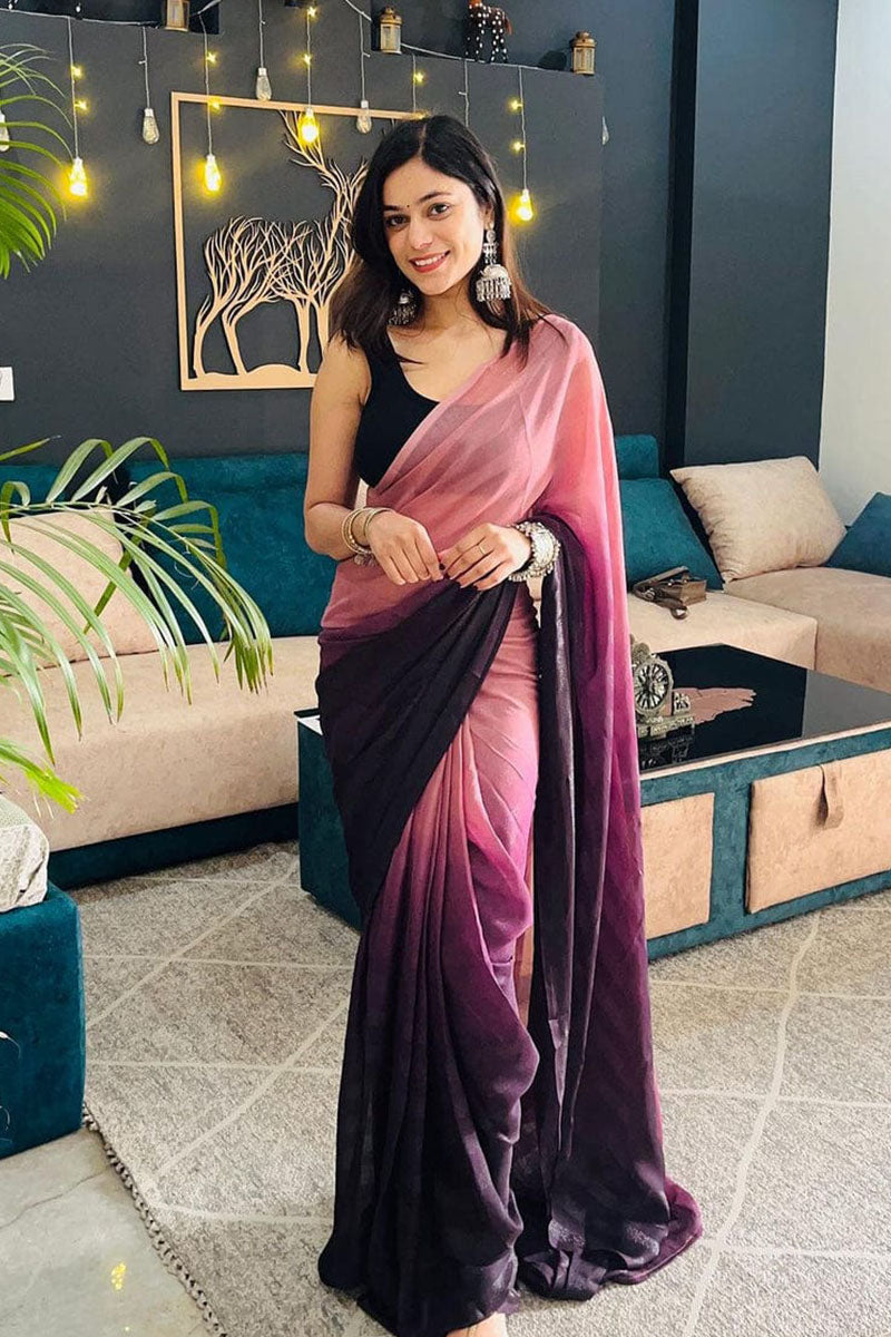 Trendy 1 Minute Ready To Wear Peach And Black Nylon Silk Saree
