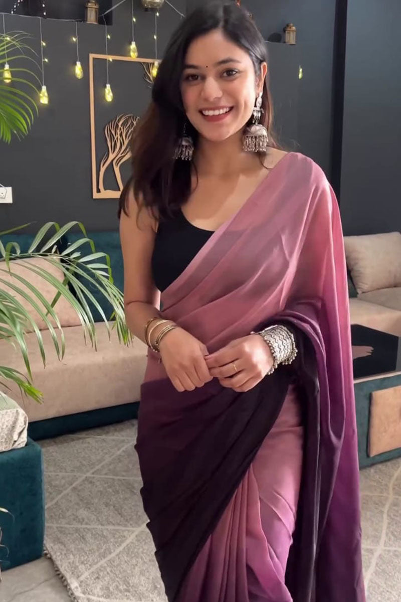 Trendy 1 Minute Ready To Wear Peach And Black Nylon Silk Saree