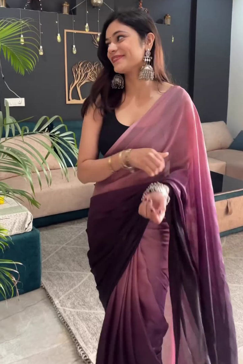 Trendy 1 Minute Ready To Wear Peach And Black Nylon Silk Saree