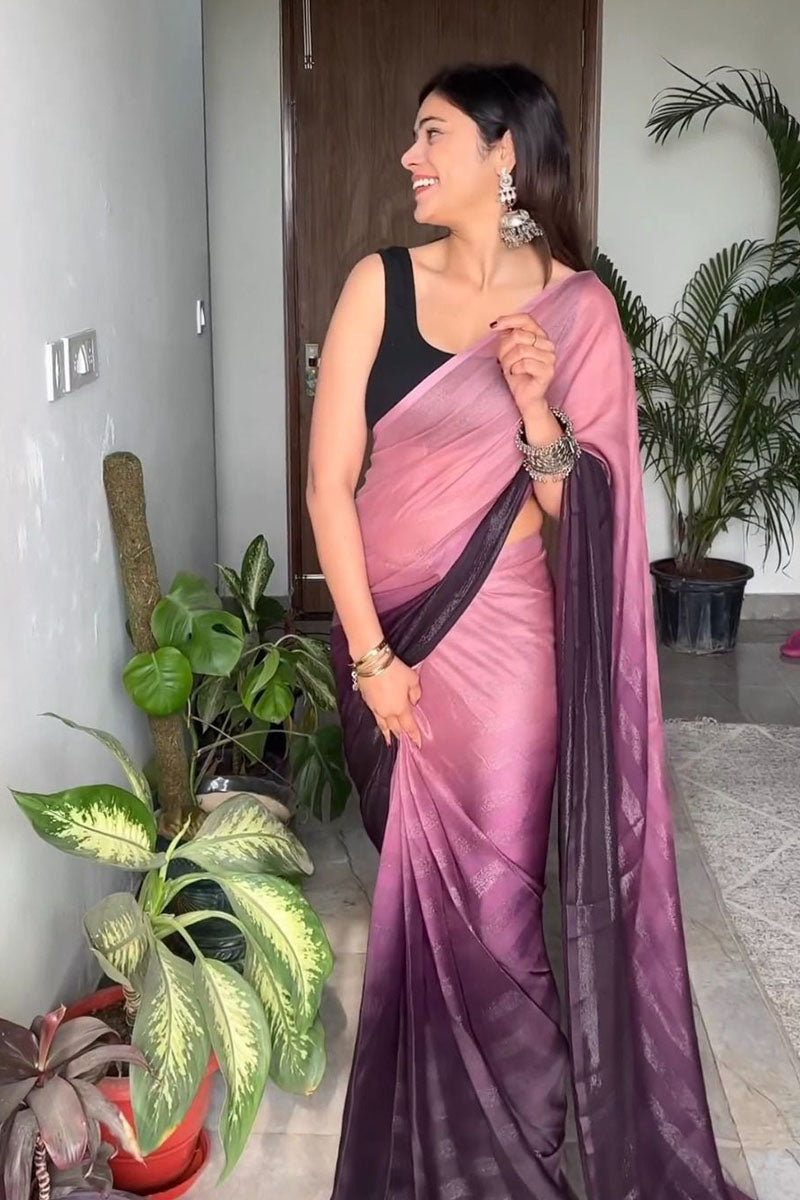 Trendy 1 Minute Ready To Wear Peach And Black Nylon Silk Saree