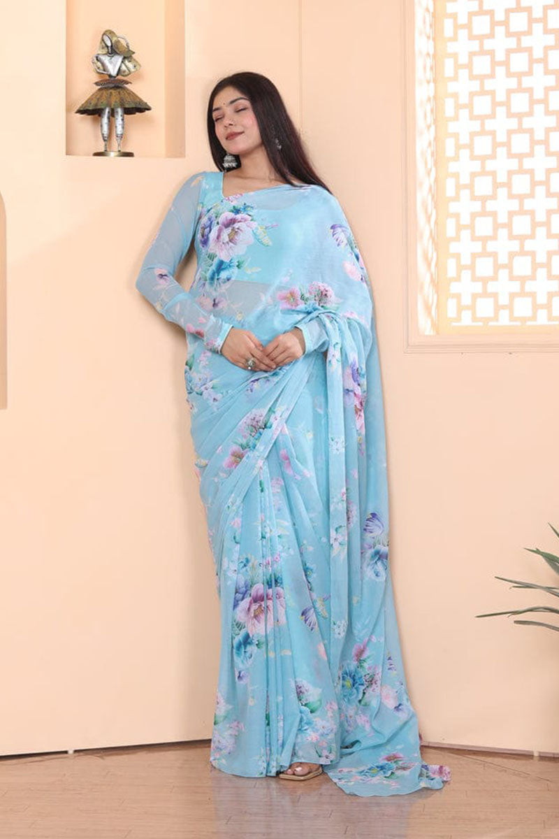 Demesne 1 Minute Ready To Wear Sky Blue Georgette Floral Digital Printed Saree