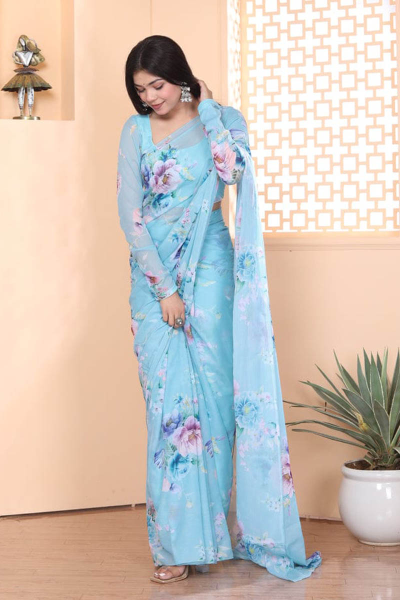Demesne 1 Minute Ready To Wear Sky Blue Georgette Floral Digital Printed Saree