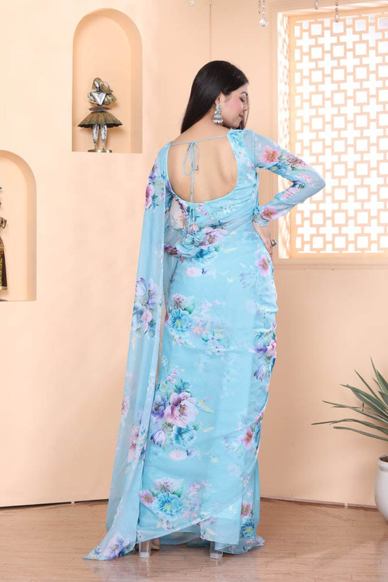 Demesne 1 Minute Ready To Wear Sky Blue Georgette Floral Digital Printed Saree