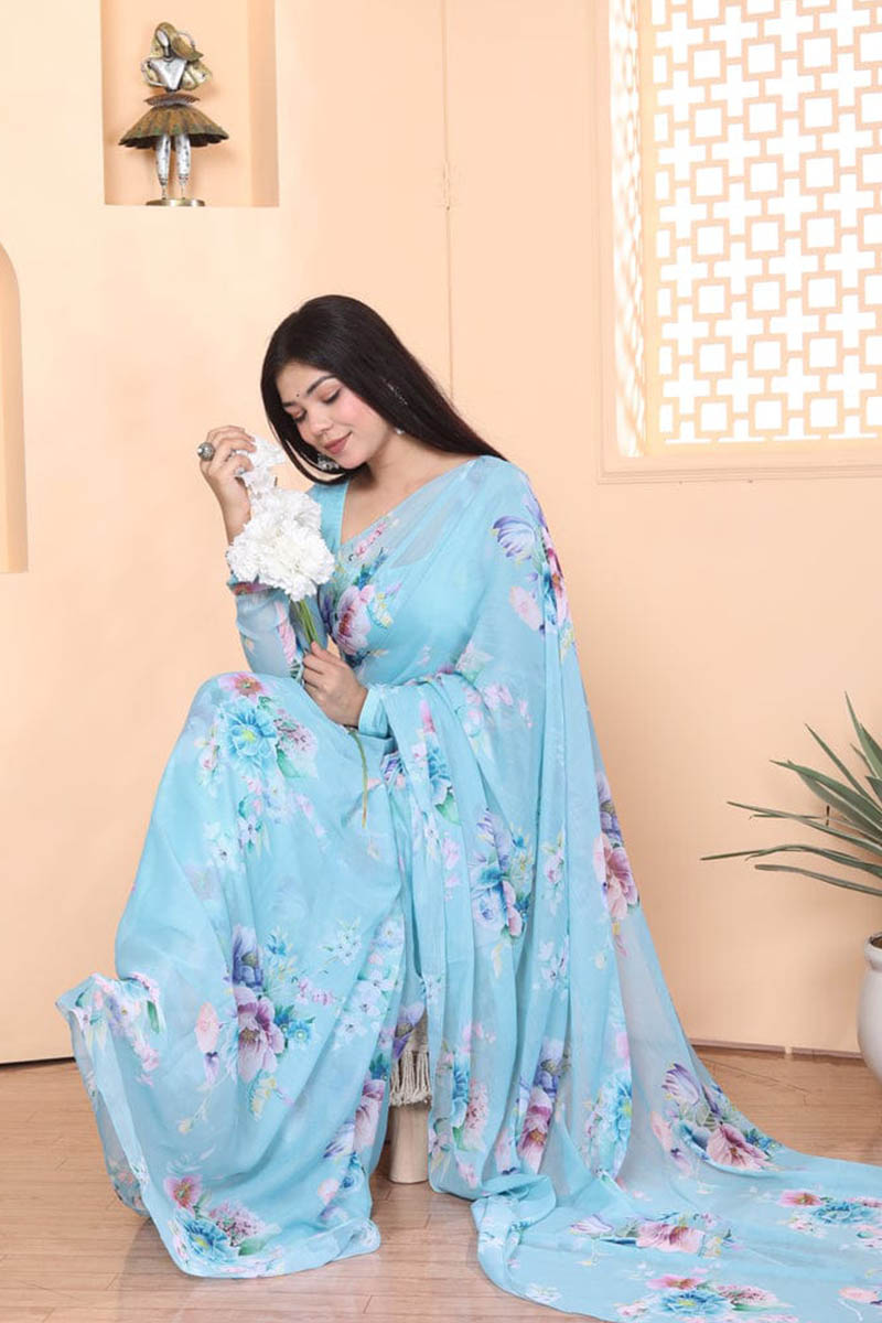 Demesne 1 Minute Ready To Wear Sky Blue Georgette Floral Digital Printed Saree