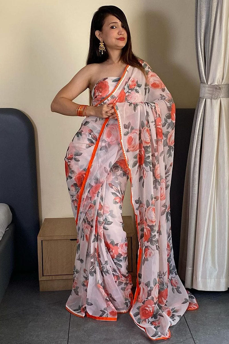 Elegant 1 Minute Ready To Wear White Georgette Floral Digital Printed Saree
