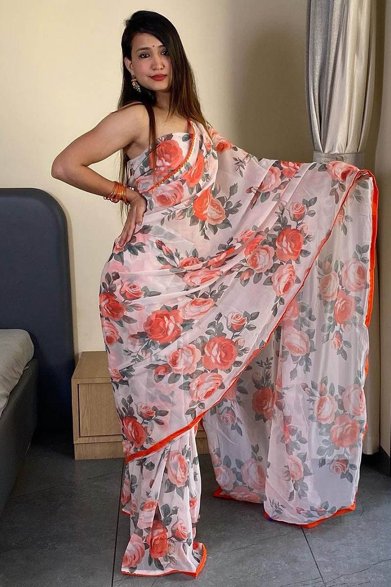 Elegant 1 Minute Ready To Wear White Georgette Floral Digital Printed Saree